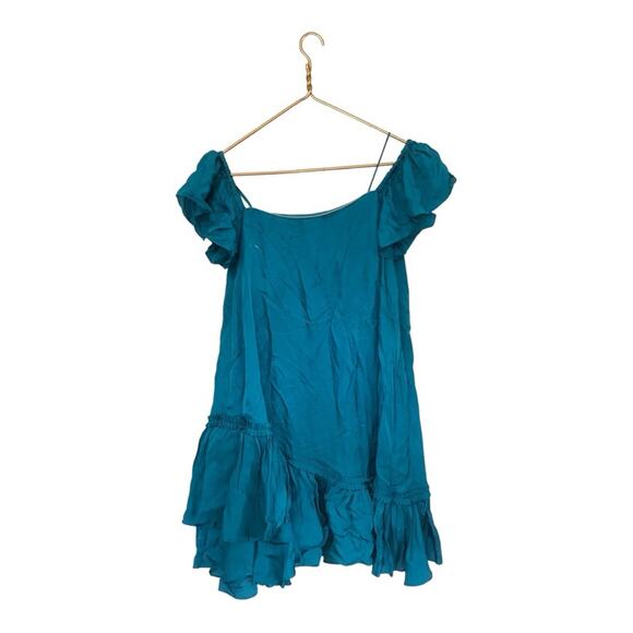 Cinq a Sept Blue Minella Off-The-Shoulder Satin Ruffle Mini Dress Size 12 | Flaw - Picture 4 of 9
